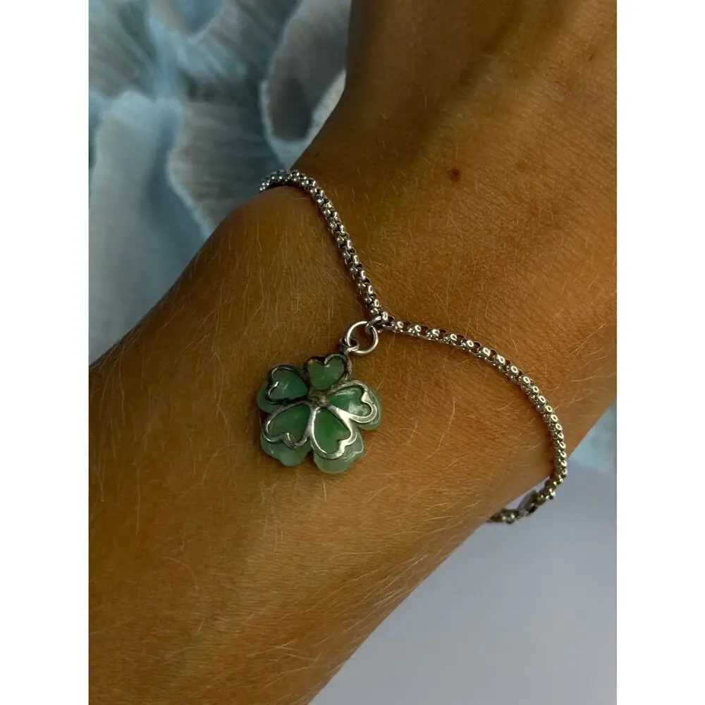 925 Sterling Silver Jade Flower Bracelet Length 7